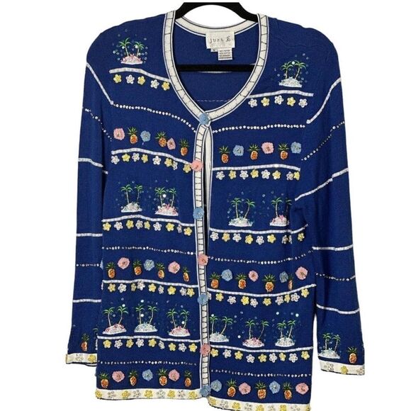 Vintage JUST B Berek Artsy Island Palm Tree Sequined Life Cardigan Sweater - Picture 1 of 5
